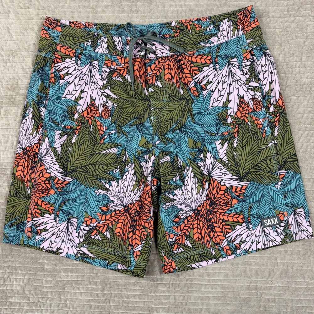 Saxx Betawave 2N1 Board Shorts Mens 38 Tropical Leaf Print BallPark Pouch Green